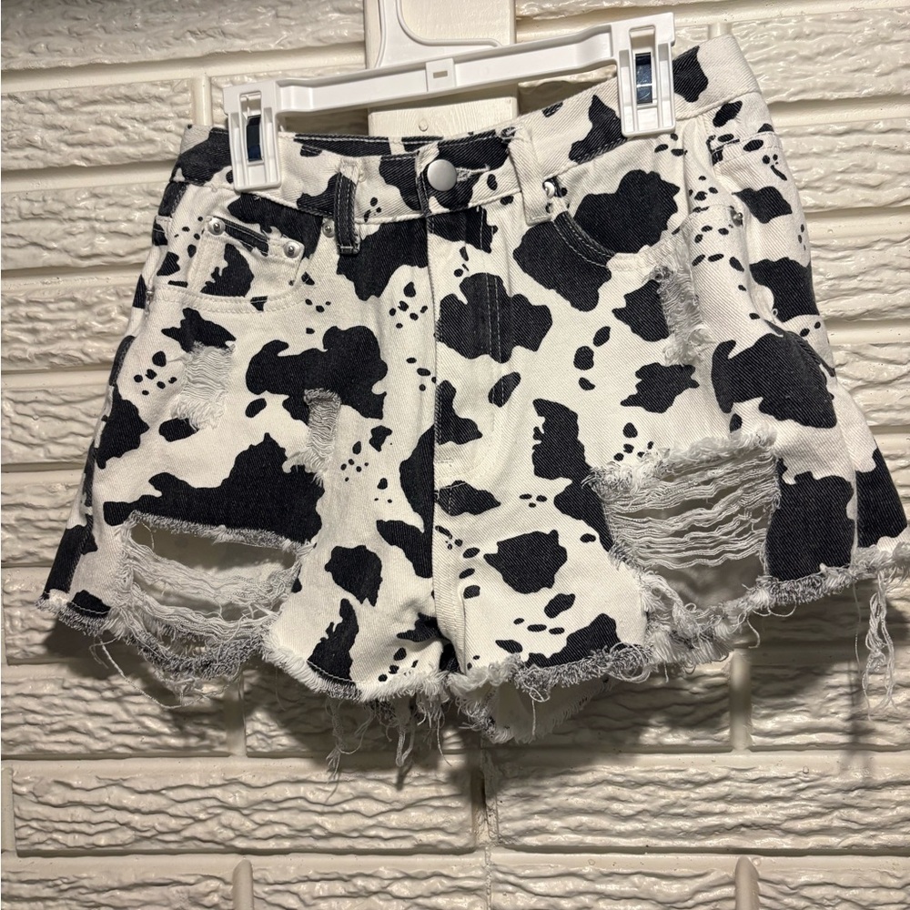 POL Black and White Cow Print Jean Shorts